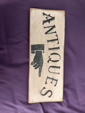 Antiques Pointing Hand Wooden Wall Sign - Black on Cream